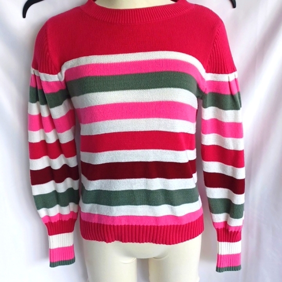 LOFT Striped Knit Crewneck Sweater Pink Green Burgundy Women’s S, 18" PTP, 23"L - Picture 1 of 6